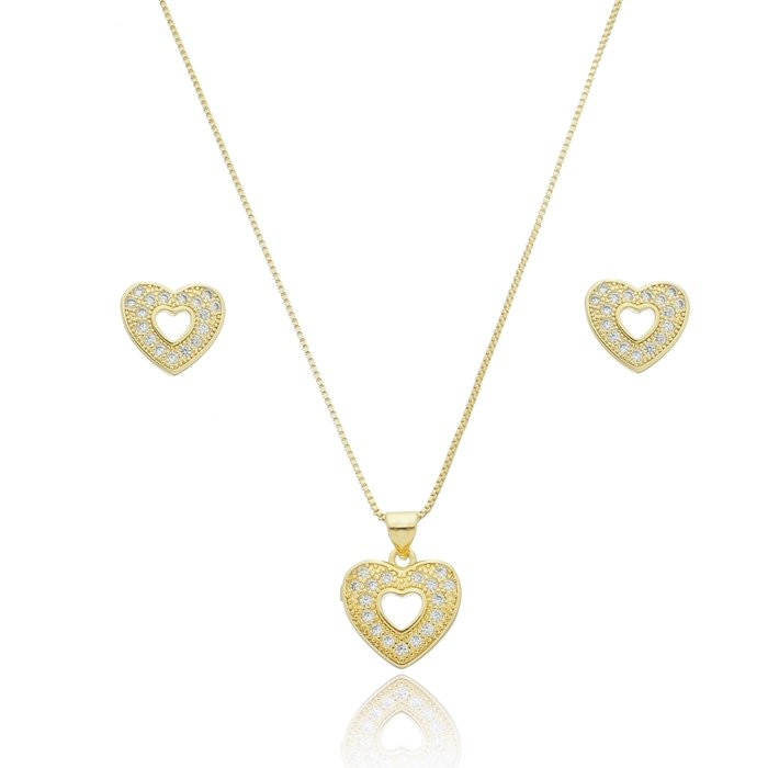 Conjunto Coração Cravejado De Zircônias - Banhado A Ouro 18k (Loja)