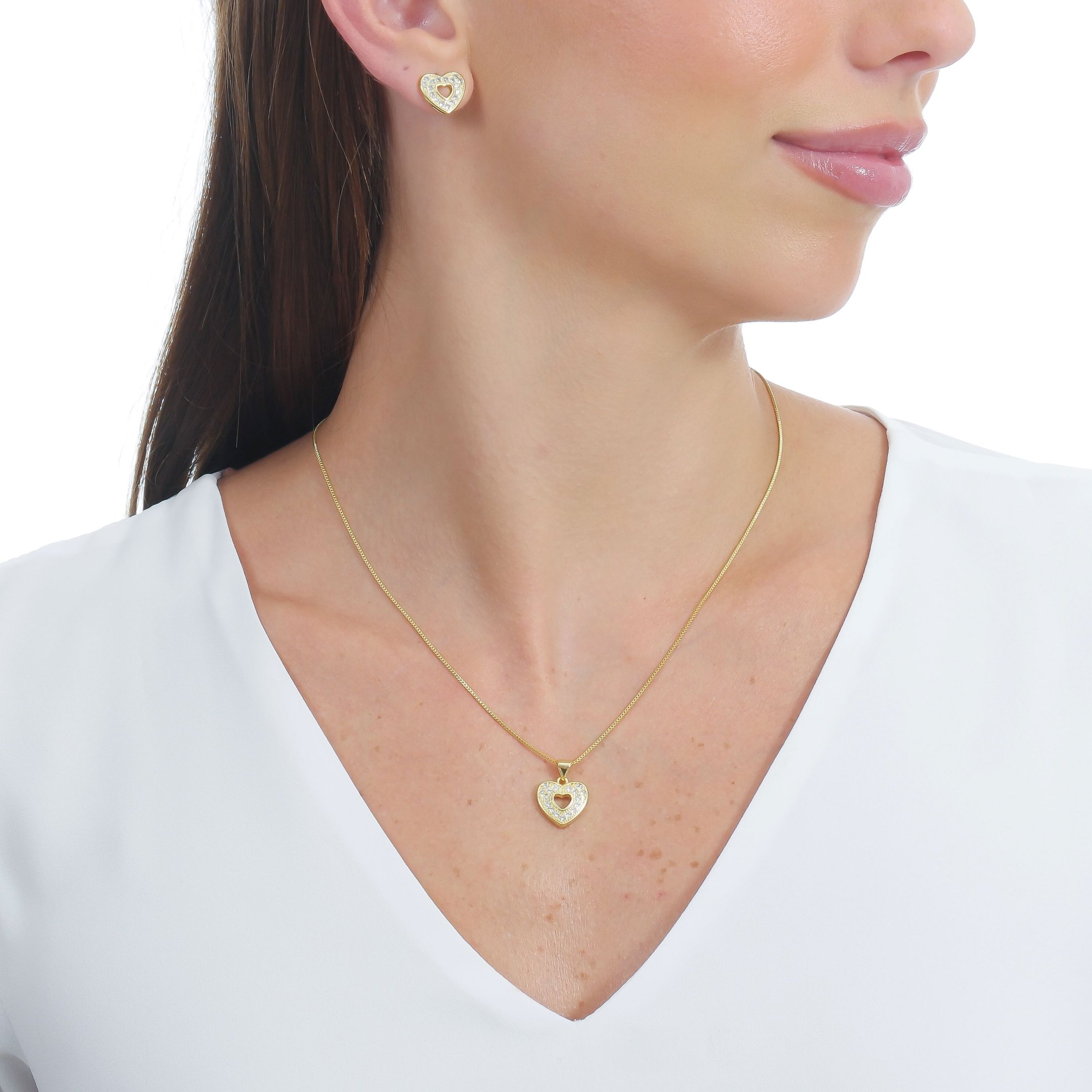 Conjunto Coração Cravejado De Zircônias - Banhado A Ouro 18k (Loja)