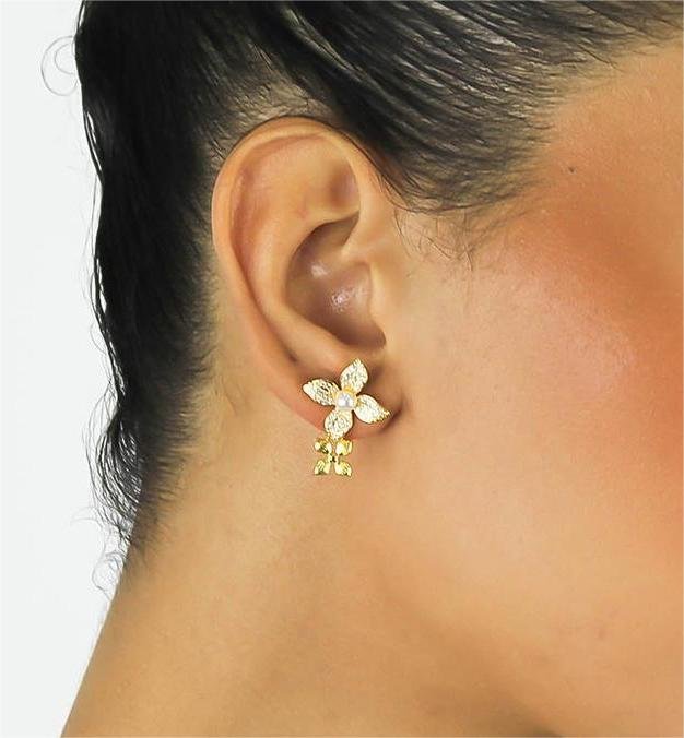 Brinco Duas Flores Zircônia- Banhado Em Ouro 18k