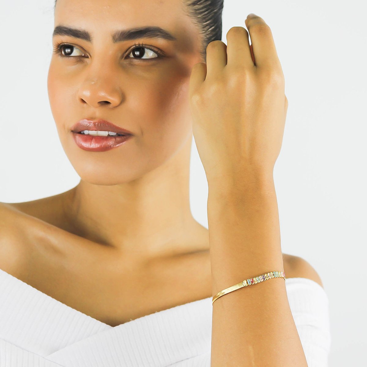 Pulseira Baguete Colorida- Banhada Em Ouro 18k