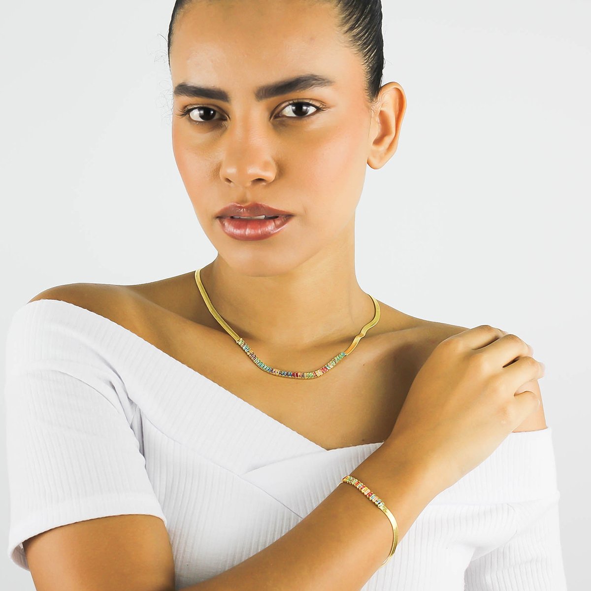 Choker Baguete Colorida- Banhada Em Ouro 18k